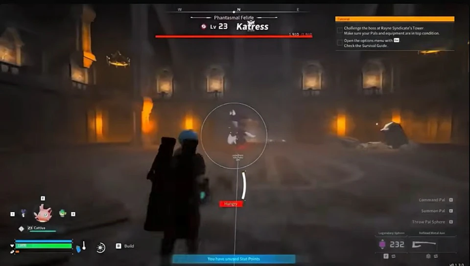 Palworld boss fight against Katress with cheat overlay on PC