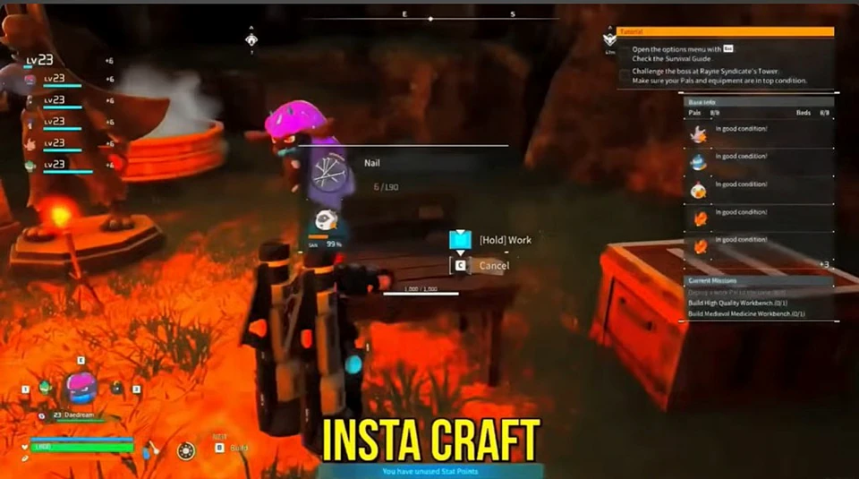 Palworld instant craft trainer enabled at the workbench on PC