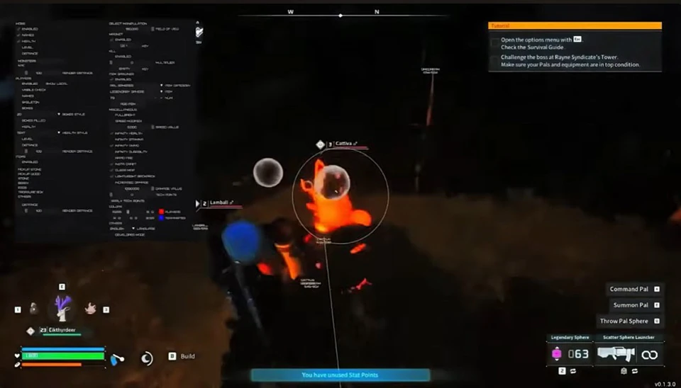 Palworld mod menu with legendary sphere spawner and launcher on PC