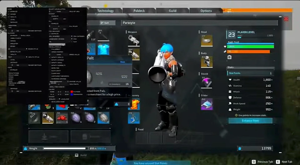 Palworld mod menu overlay on the character inventory screen on PC